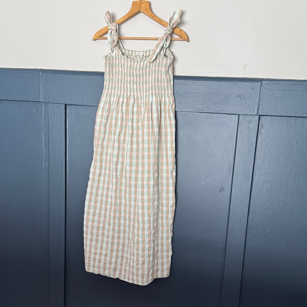 Women's Sage green  & tan Gingham Tie-Shoulder Sundress by Mango Size Medium